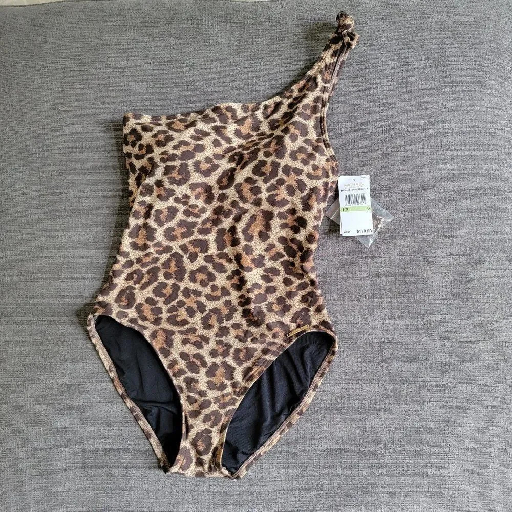 Michael Kors Women's Tan & Brown Leopard Print One Shoulder Swimsuit Size 8 - Picture 4 of 16